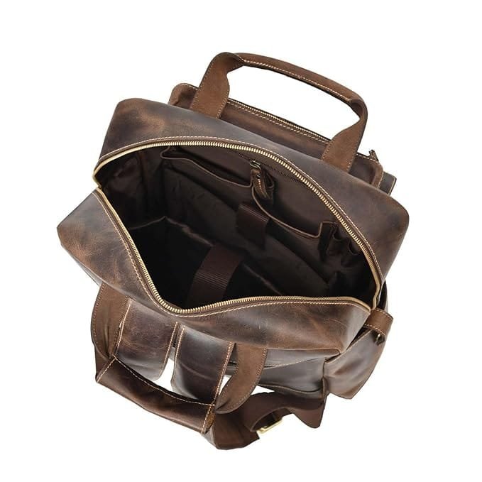 Leather Multiple Laptop 7 Pocket Backpack Brown