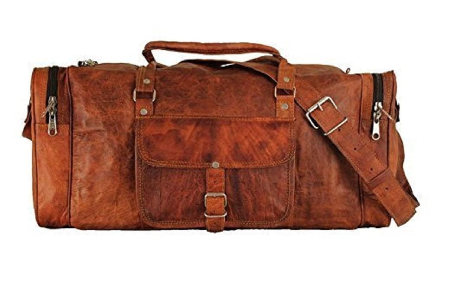 A vintage brown leather duffle bag with two handles and a detachable shoulder strap, can be use for Gym and  travel. 