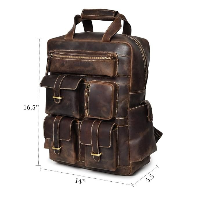 Leather Multiple Laptop 7 Pocket Backpack Brown