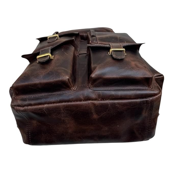 Leather Multiple Laptop 7 Pocket Backpack Brown