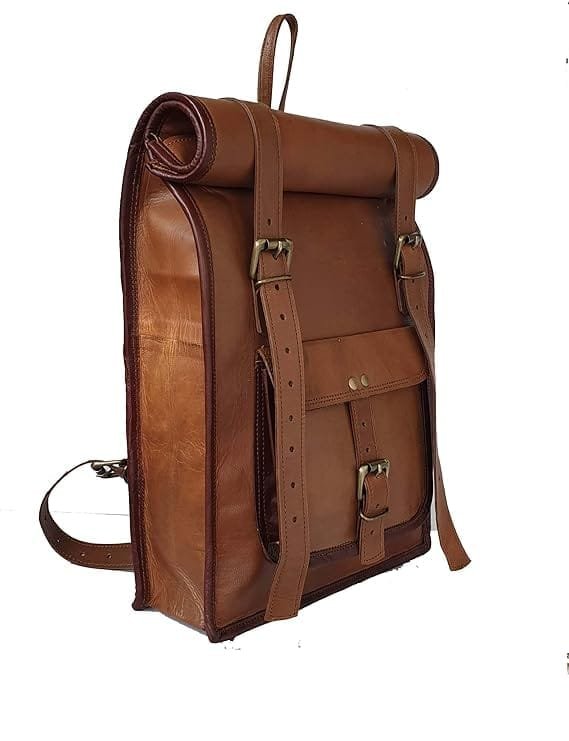 A caramel brown leather roll-on backpack with adjustable shoulder strap and multiple compartments.