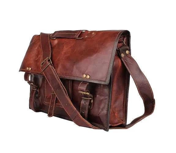 A brown leather laptop messenger bag with a shoulder strap and buckle closures