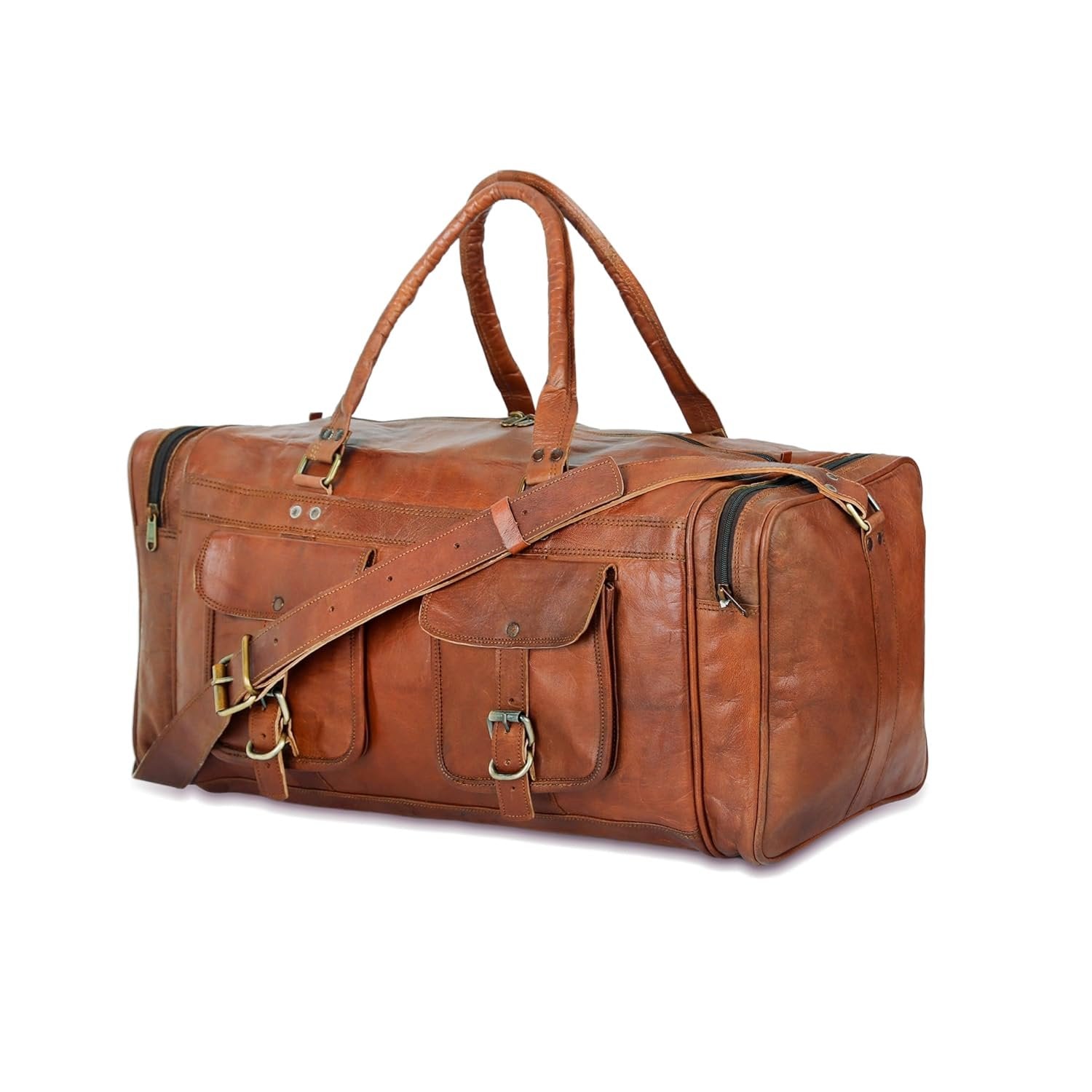 A brown genuine leather duffle bag with shoulder strap, side pockets, and front pockets, isolated on a white background.