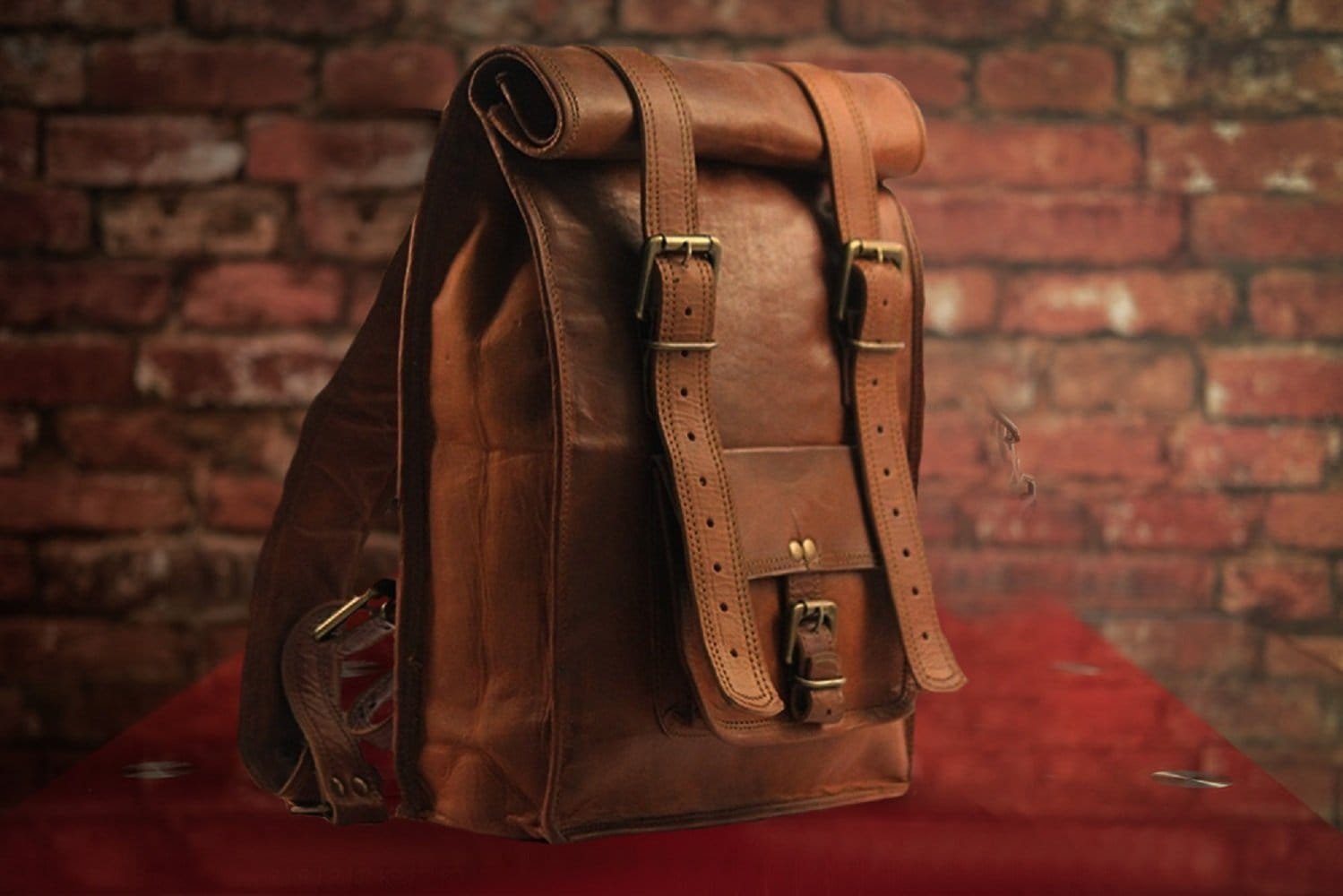Sandy Brown Leather Roll On Backpack