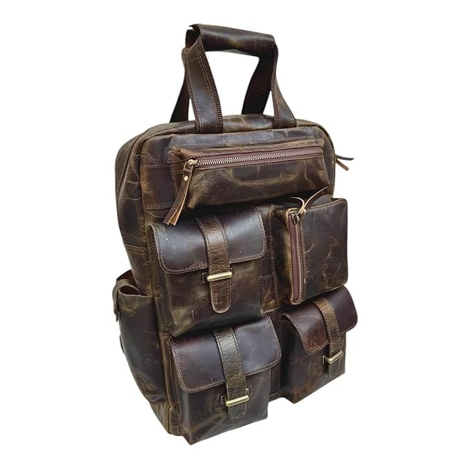 Leather Multiple Laptop 7 Pocket Backpack