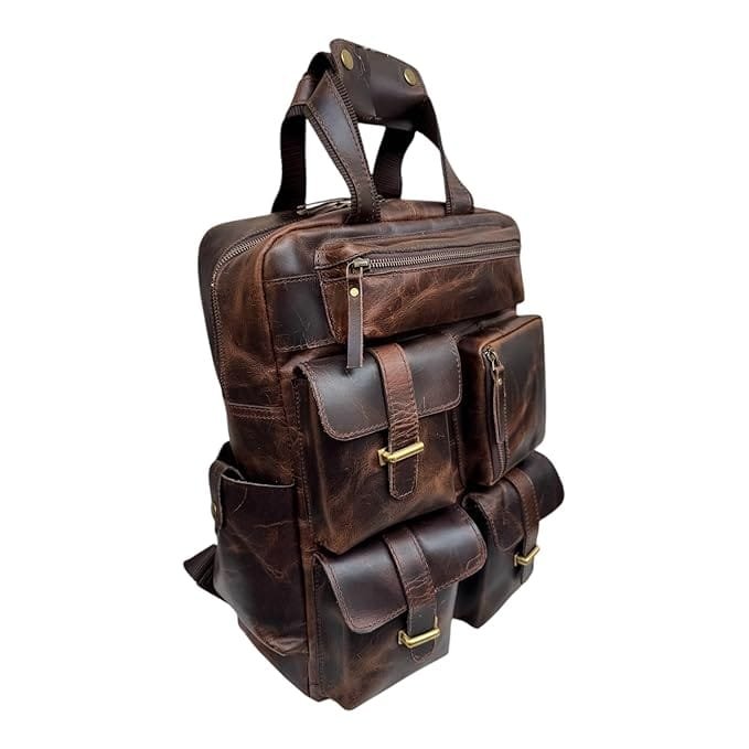 Leather Multiple Laptop 7 Pocket Backpack Brown