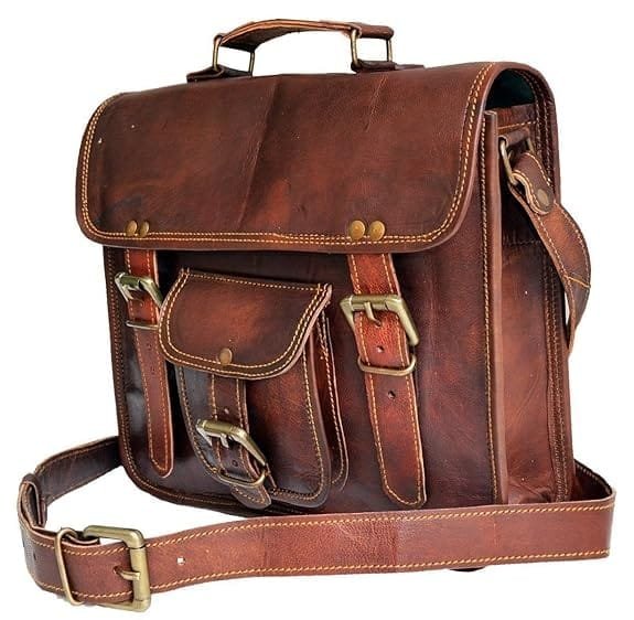 A vintage brown genuine leather laptop & messenger bag with multiple compartments and buckles, crafted with high-quality thread and durable zippers.