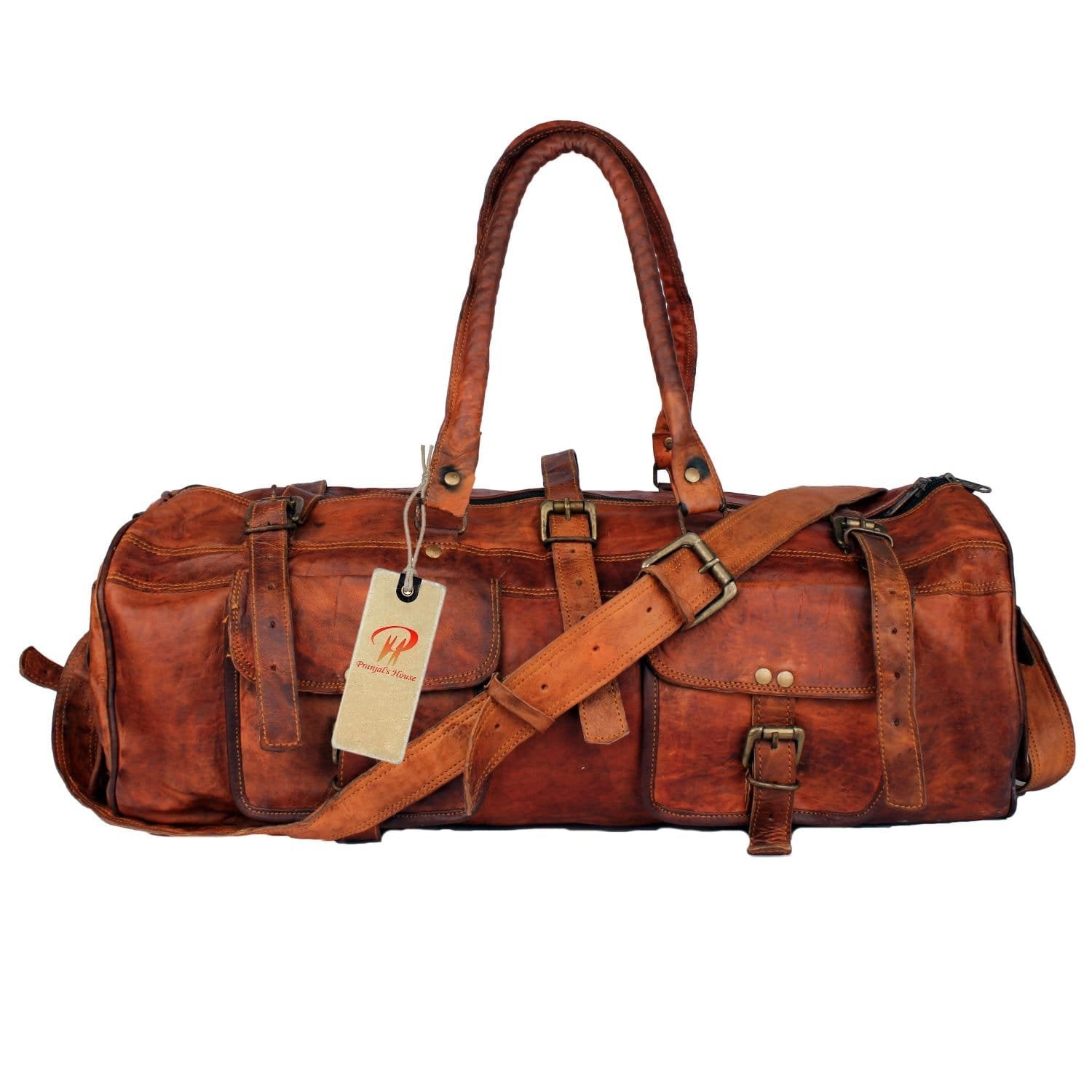 A brown leather duffle bag with two handles and a detachable shoulder strap, featuring multiple outer pockets.