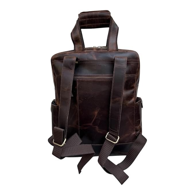 Leather Multiple Laptop 7 Pocket Backpack Brown