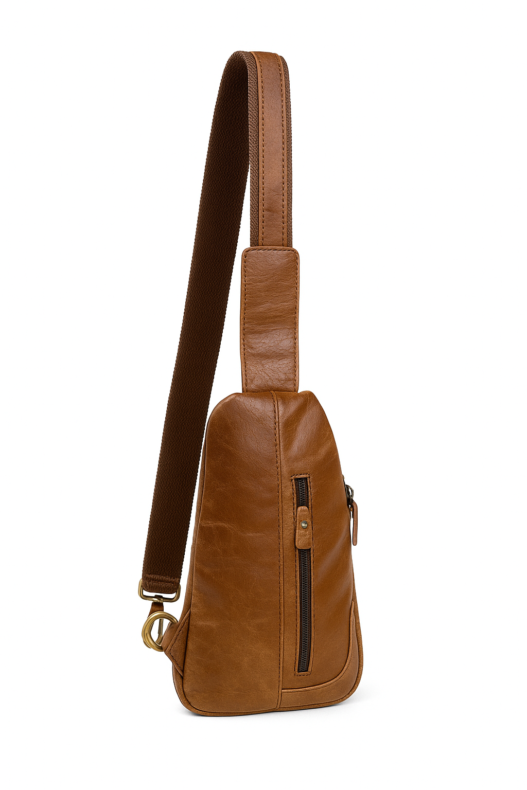 Leather Sling Cross Body Travel Bag with Metal Zippers Sling Bag Messenger Bag for Unisex-Tan