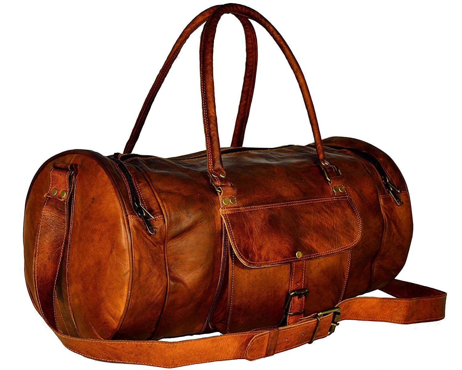Round Brown Leather Duffle Bag