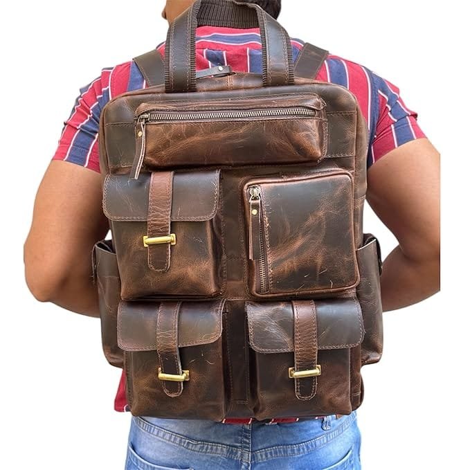 Leather Multiple Laptop 7 Pocket Backpack Brown