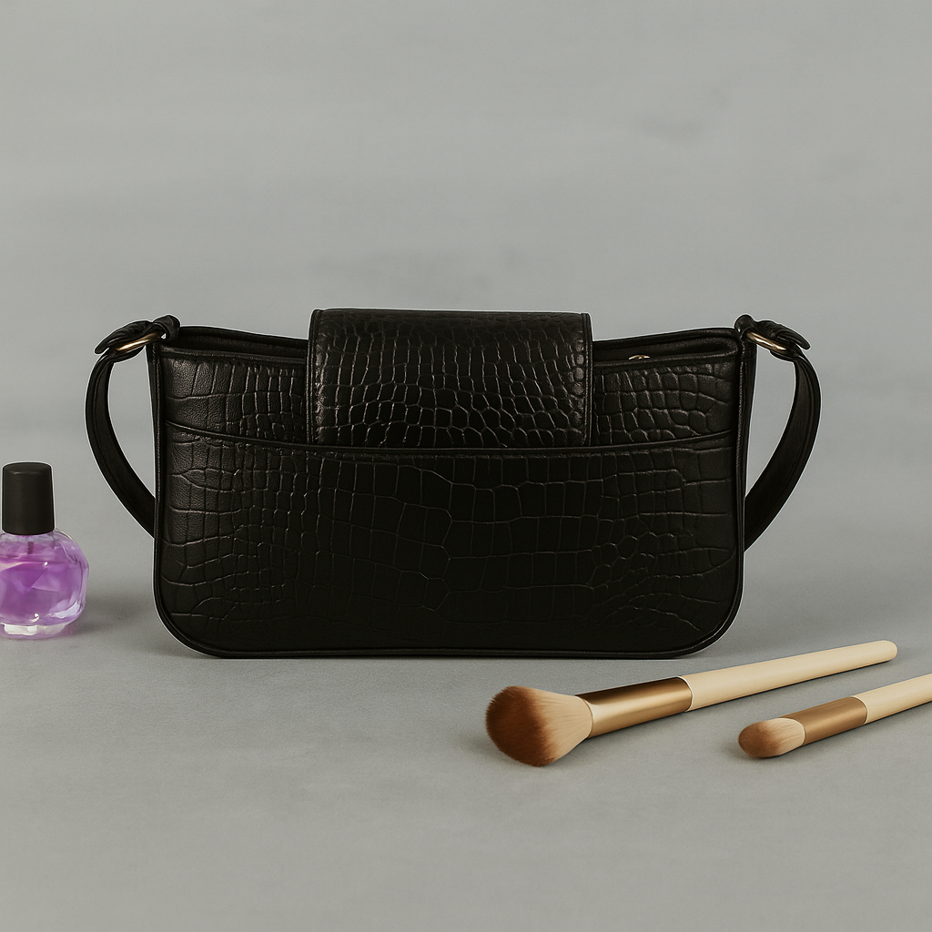Genuine Leather Croco Design Handbag – Black Shoulder Bag for Women