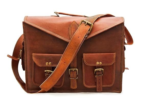 A brown leather office laptop bag with multiple compartments and a shoulder strap.