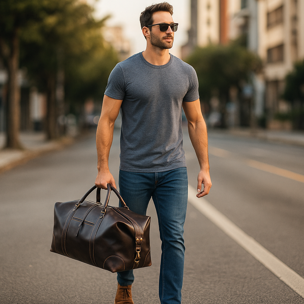 Premium dark brown leather duffle bag