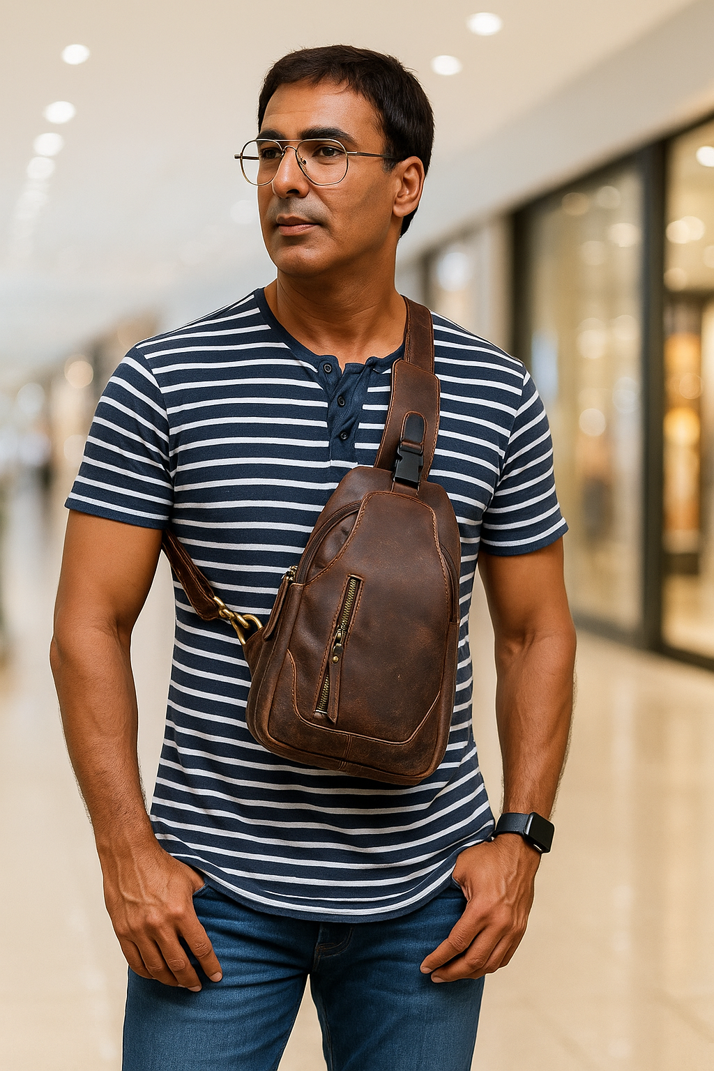 Leather Sling Cross Body Travel Bag with Metal Zippers Sling Bag Messenger Bag for Unisex