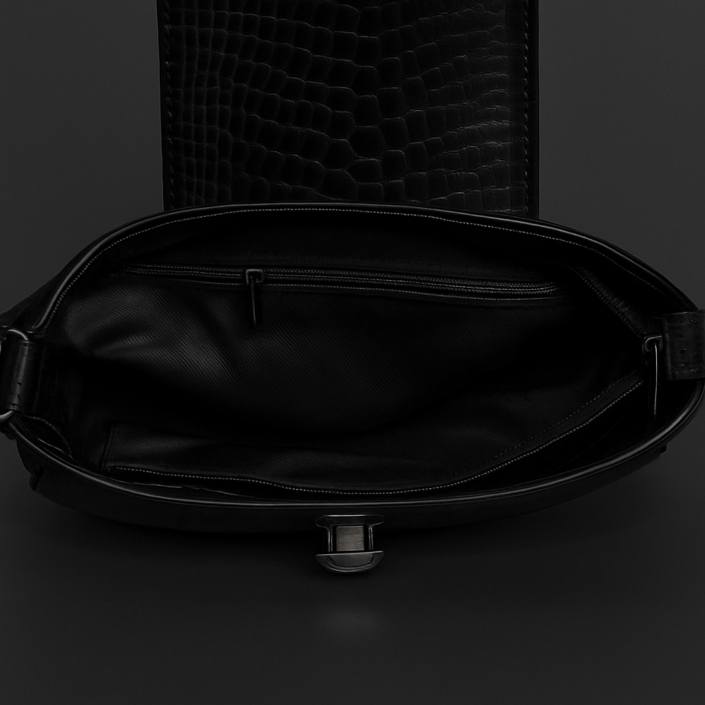 Genuine Leather Croco Design Handbag – Black Shoulder Bag for Women