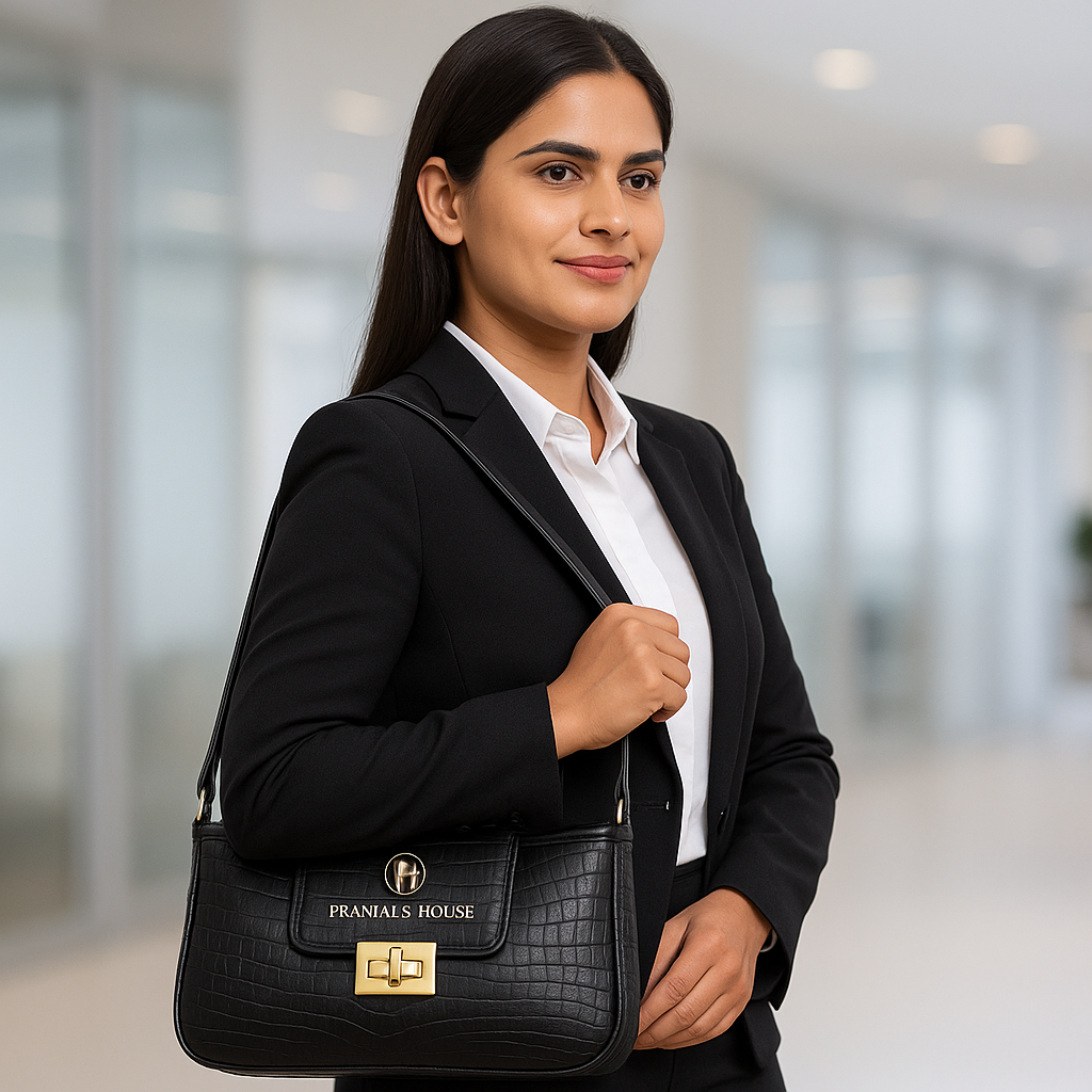 Genuine Leather Croco Design Handbag – Black Shoulder Bag for Women