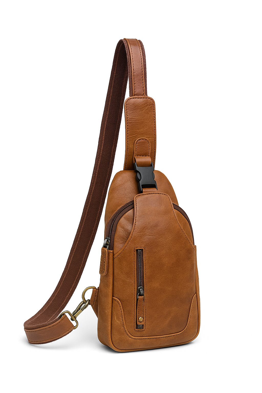 Leather Sling Cross Body Travel Bag with Metal Zippers Sling Bag Messenger Bag for Unisex-Tan