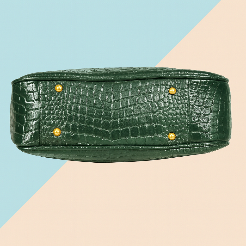 Genuine Leather Croco Design Handbag – Dark Green Shoulder Bag for Women