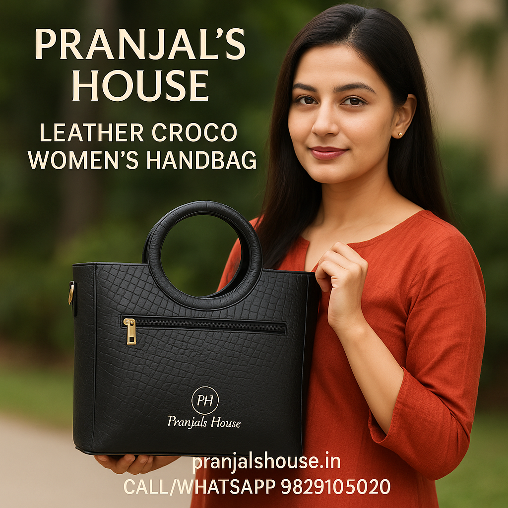 Women’s Black Croco Leather Bag | Round Handle Tote Purse