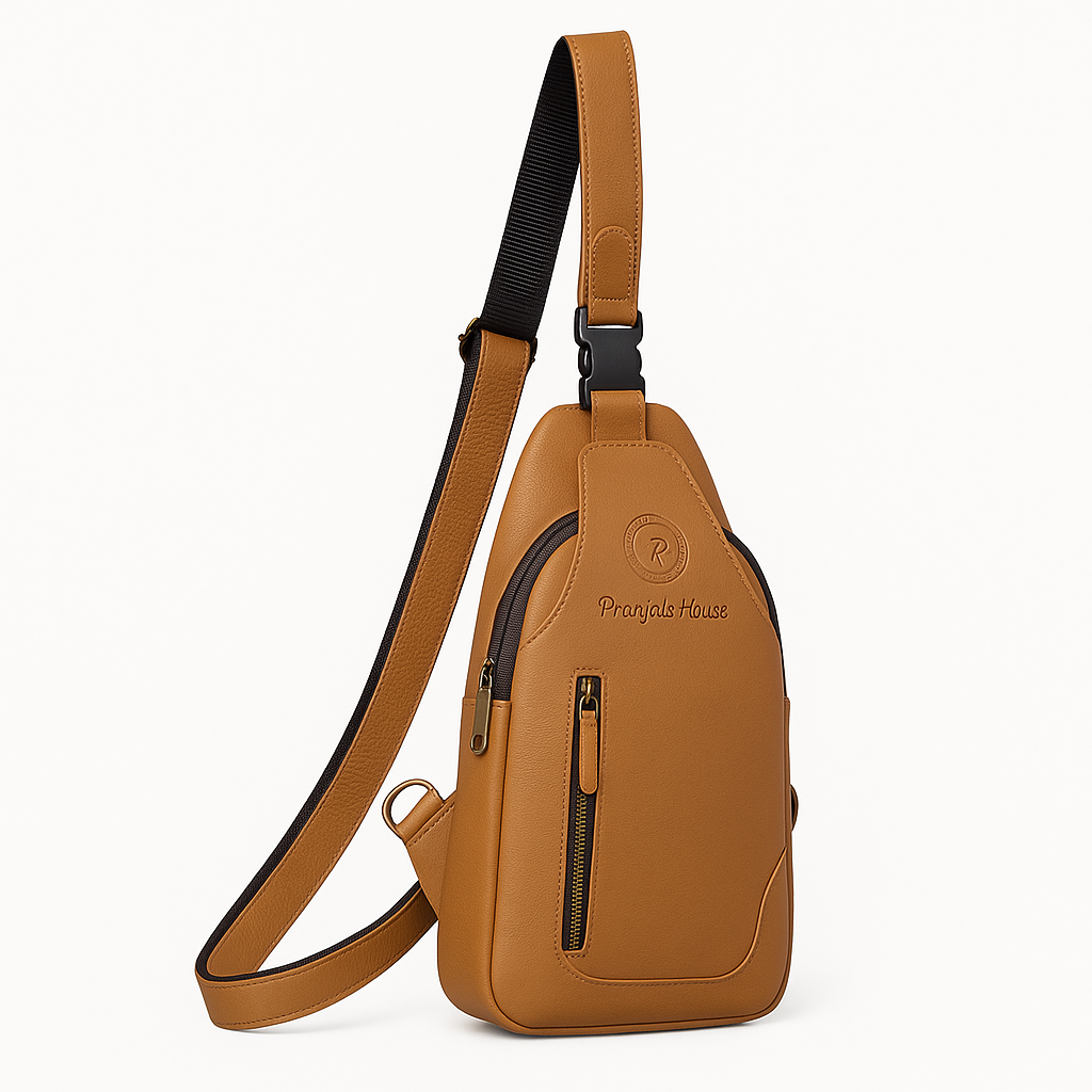 Leather Sling Cross Body Travel Bag with Metal Zippers Sling Bag Messenger Bag for Unisex-Tan