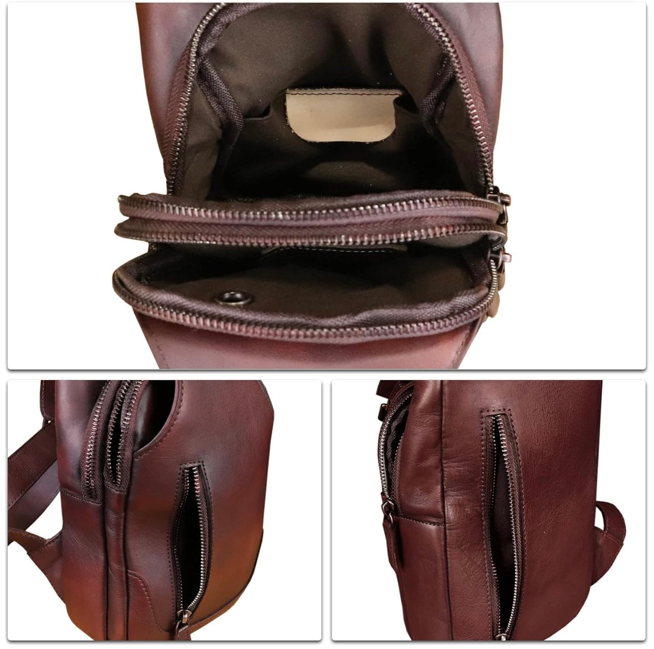 Leather Sling Cross Body Travel Bag with Metal Zippers Sling Bag Messenger Bag for Unisex