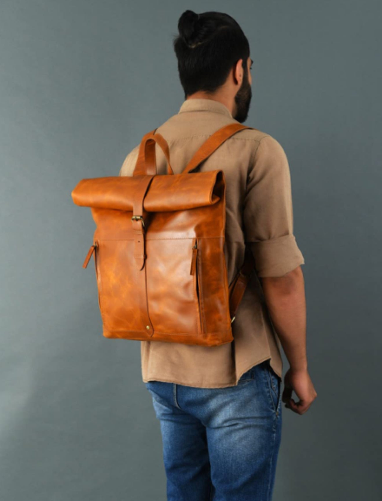 Leather Roll-Top Leather Backpack 16 inch
