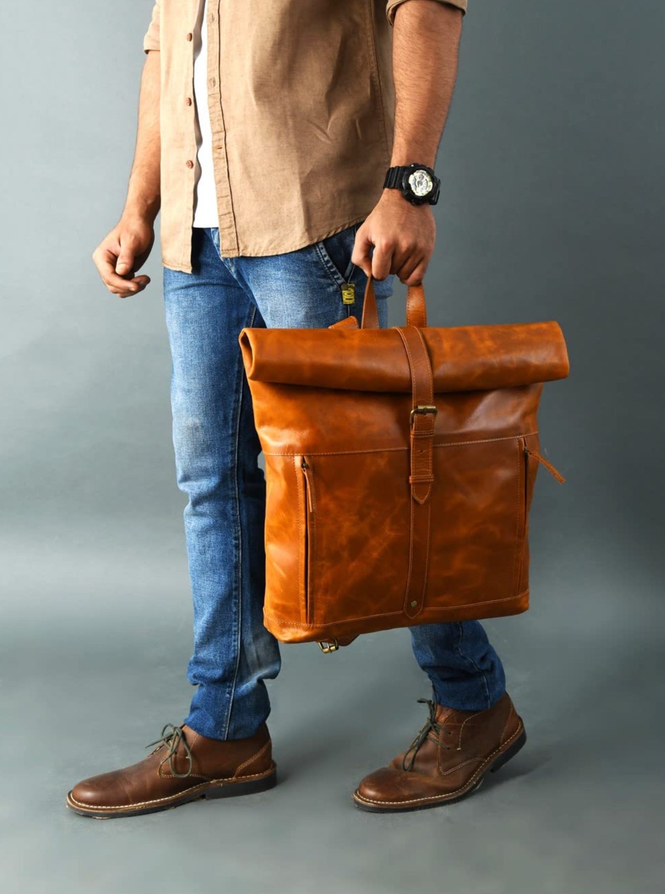 Leather Roll-Top Leather Backpack 16 inch