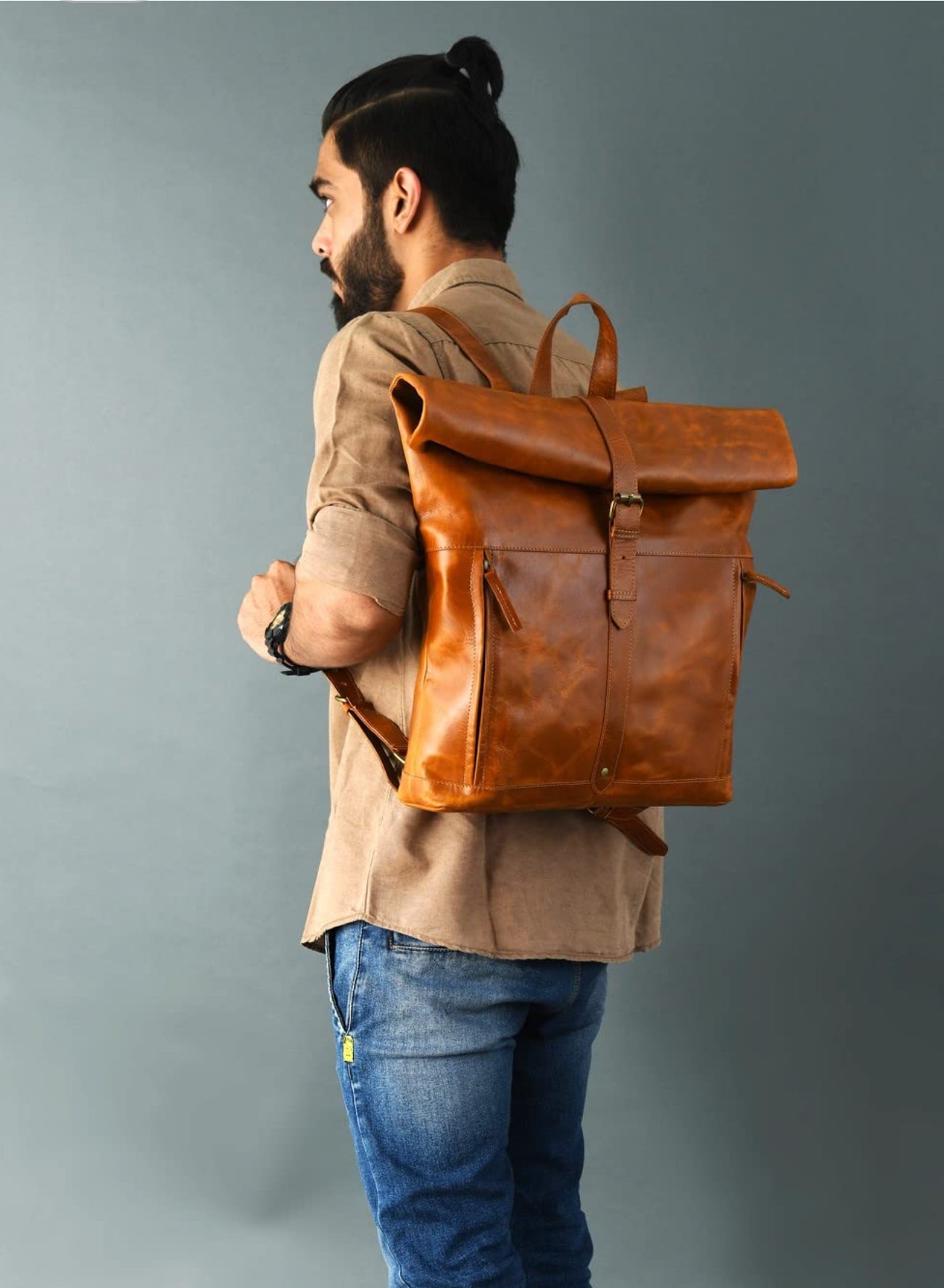 Leather Roll On Laptop Backpack 16 Inch