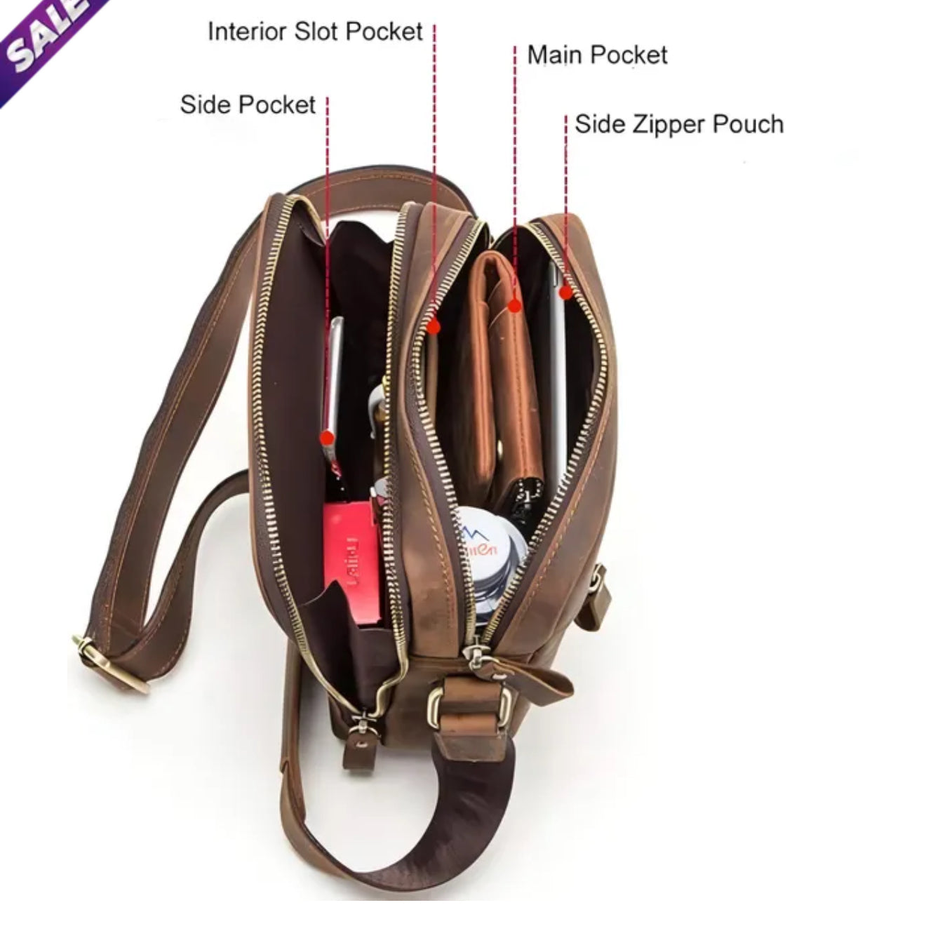 Full‑Grain Leather Unisex Sling Bag – Compact Crossbody with Dual Zippers