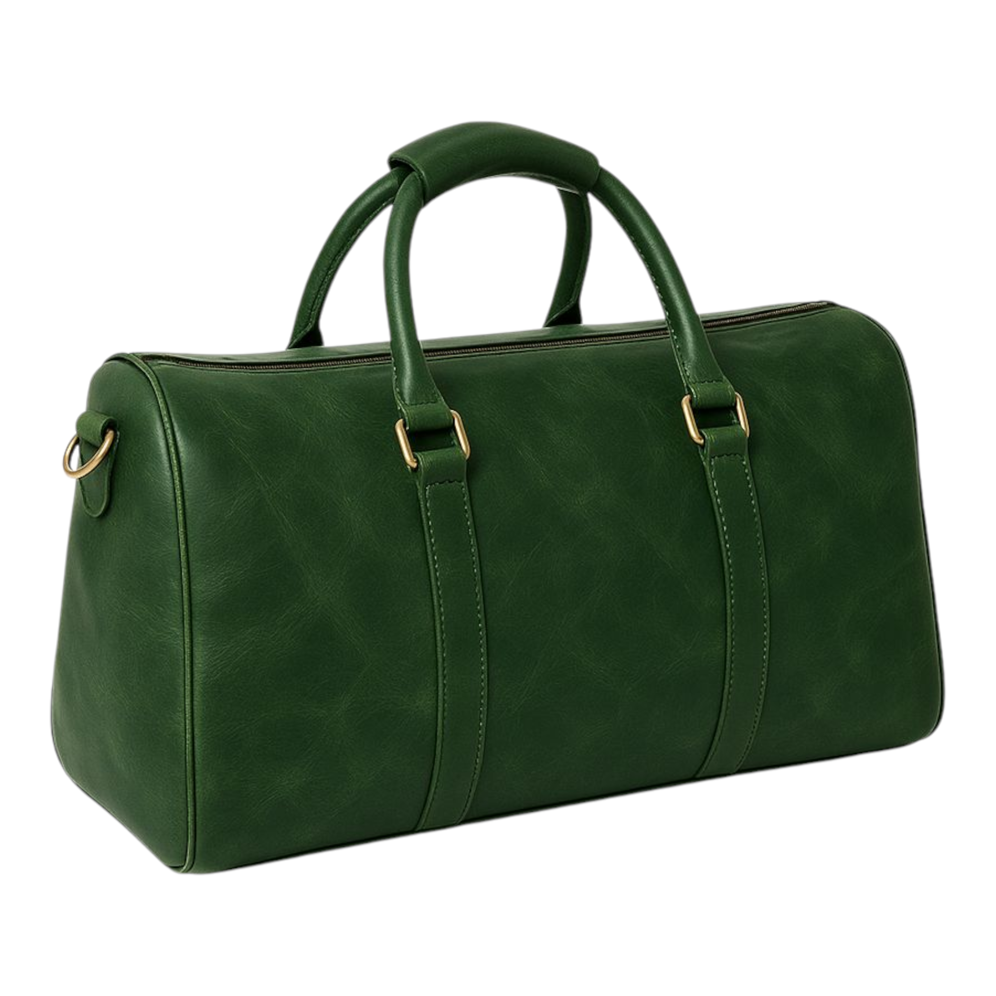 Emerald green full grain leather duffle bag with metal hardware and two handles.